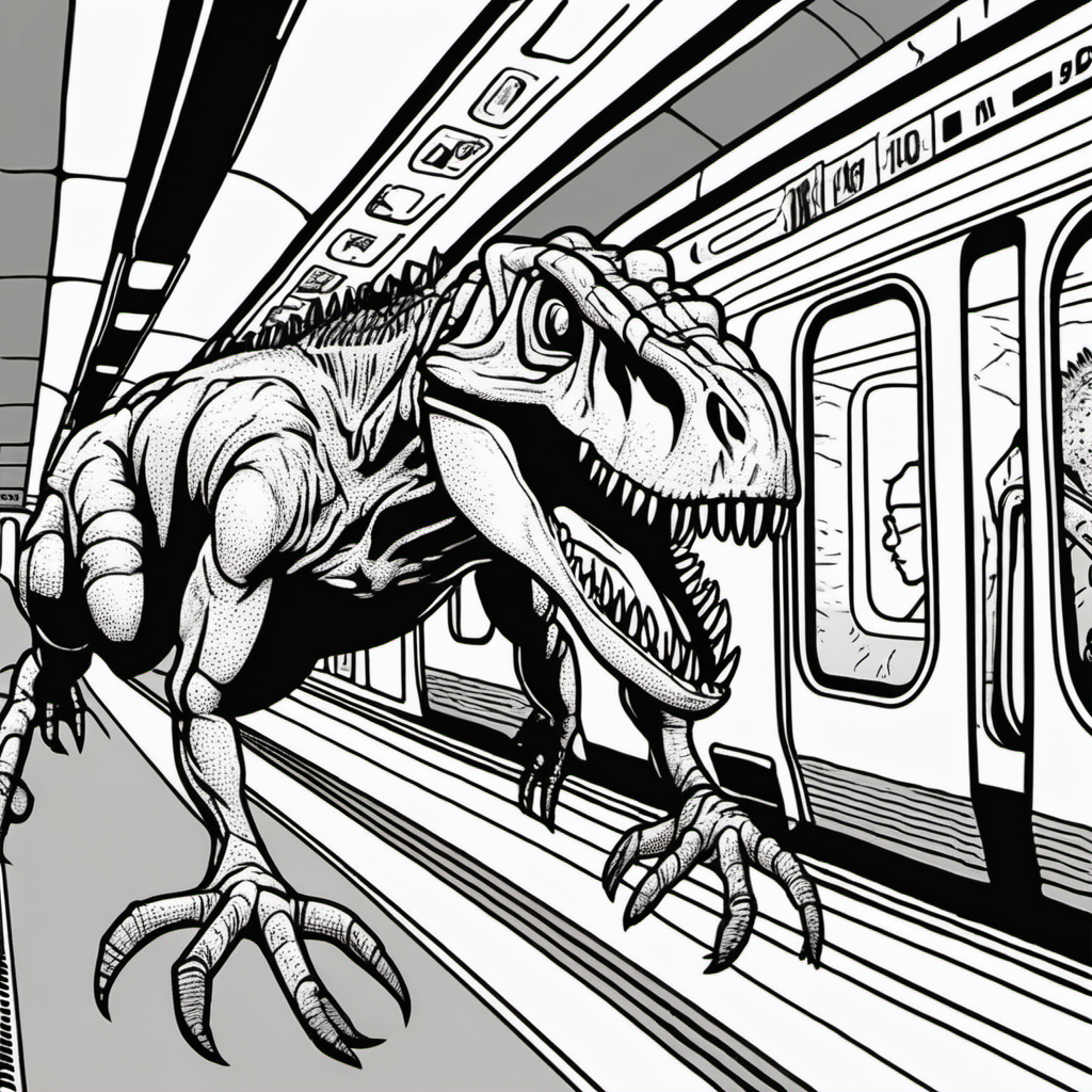 A Tyrannosaurus Rex mixed with a Tarantula spider, in the NYC subway, coloring book pages