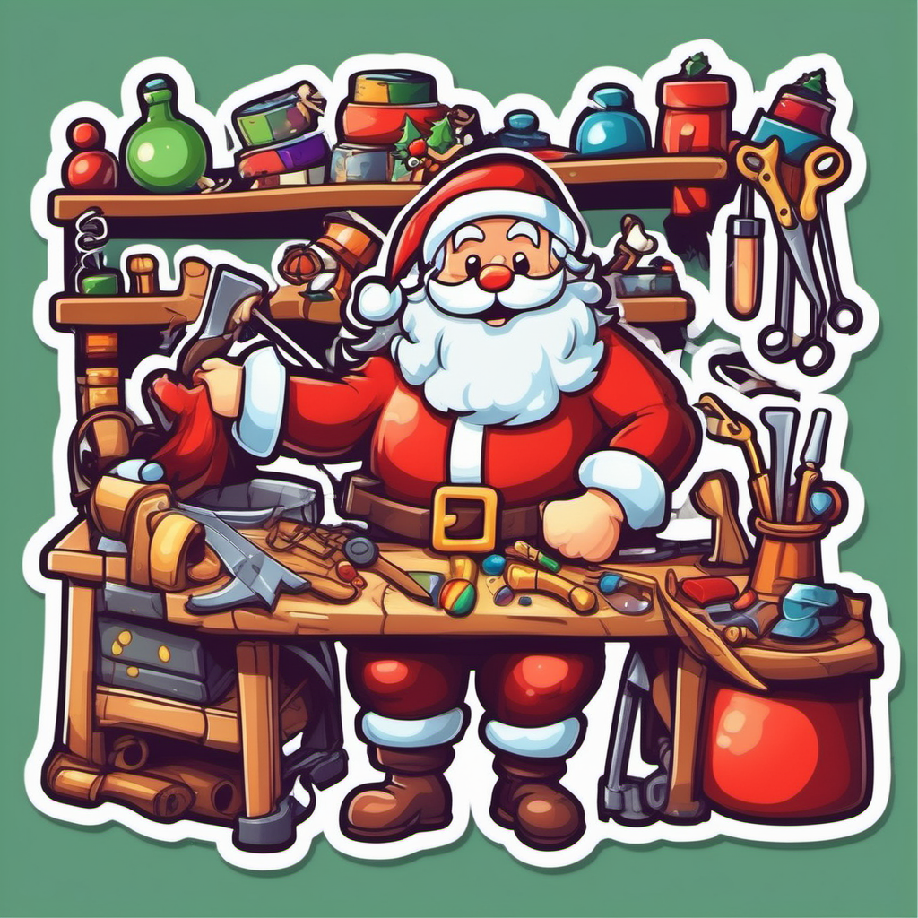 Sticker, Santa Claus in His Workshop, Crafting Toys 
for Christmas, cartoon clipart, vector image, flat 
white background