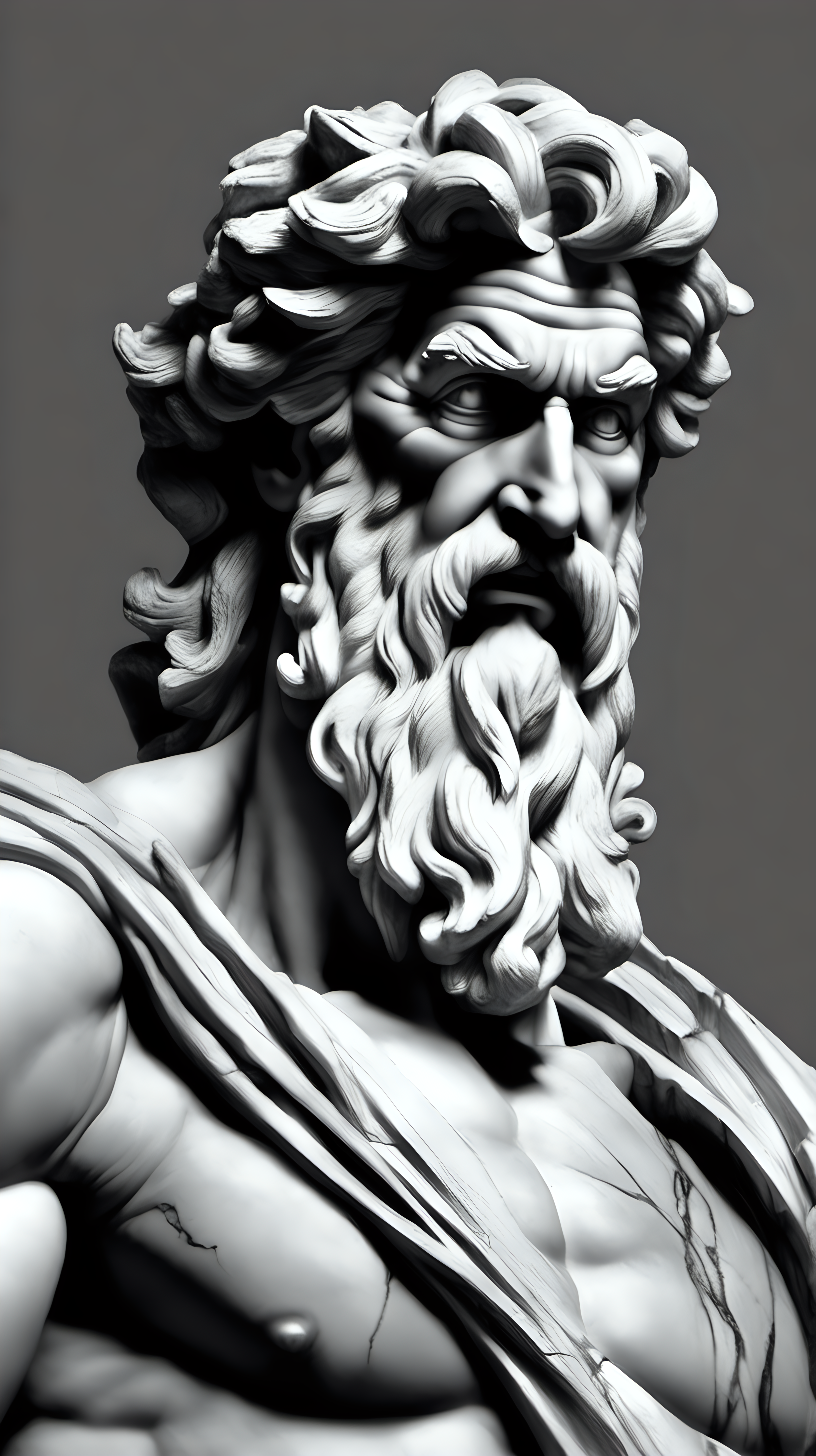 /imagine prompt : a hyper realistic black and gray Michelangelo drawing, portraying  great zeus ,He rules over other gods, gods & goddesses greek mytology
-no cut
<background>thunder and lightning
<style>pencil drawing
_ar 9:16