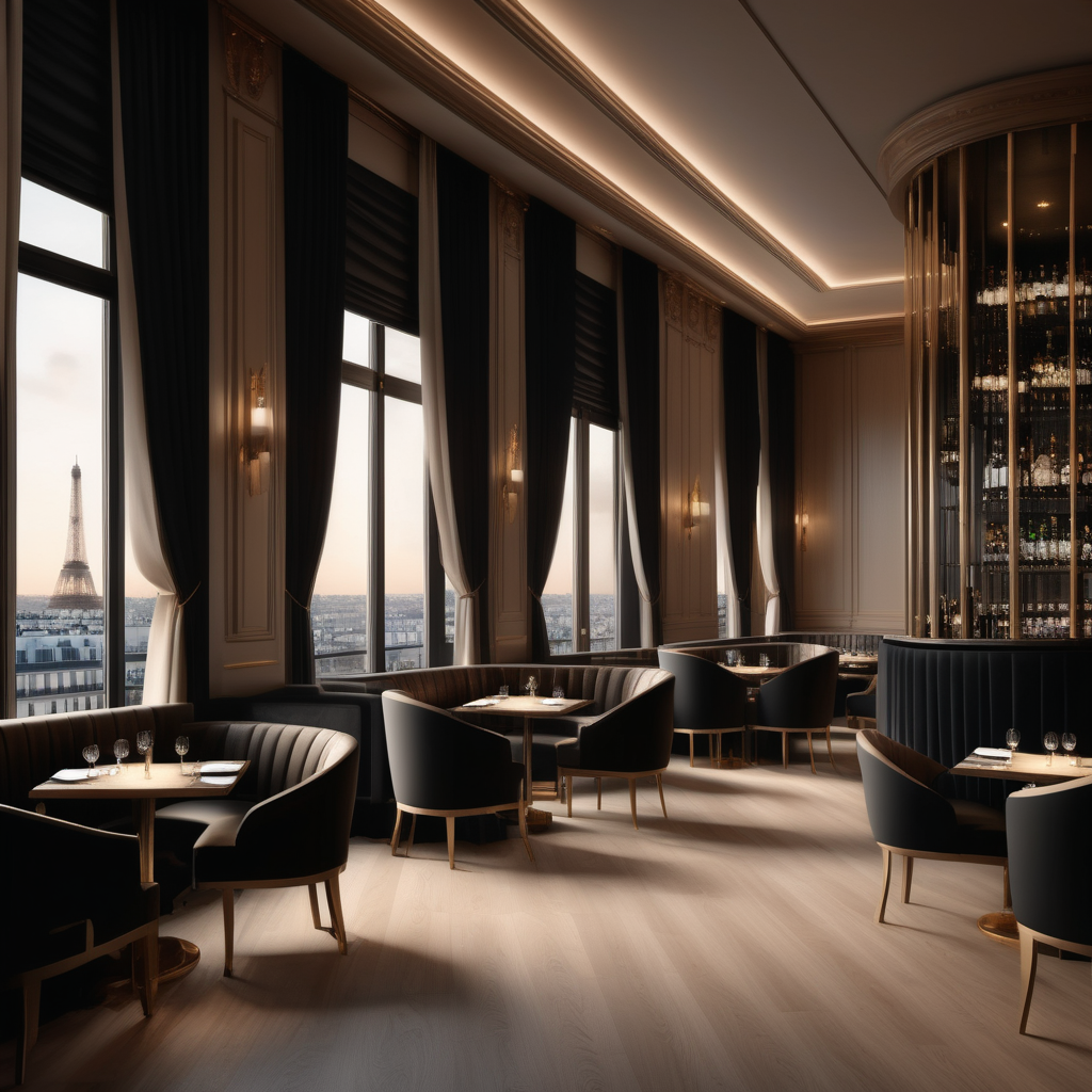 A hyperrealistic image a grand Modern Parisian fancy,romantic, exclusive resturant and bar with mood lighting, curtains,  in a beige oak brass and black colour palette with floor to ceiling windows and