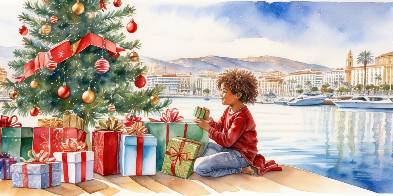 Malaga waterfront Christmas atmosphere playful mulatto with gifts