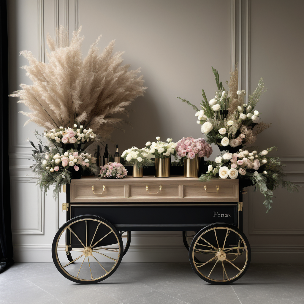 A hyperrealistic image of a grand, large,  Modern Parisian pop-up florist cart in a beige oak brass and black colour palette with bouquets or flowers