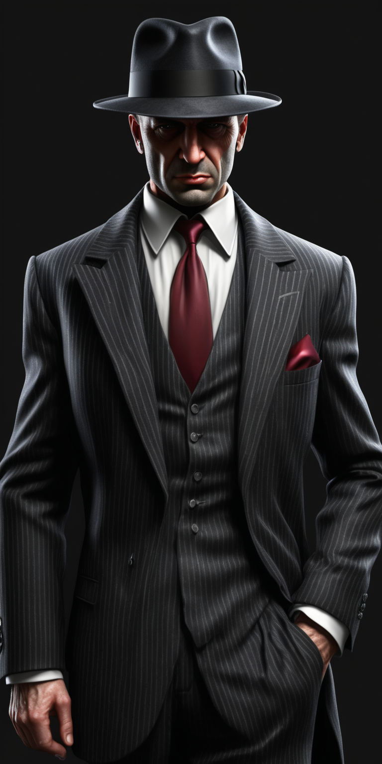 realistic Mafia henchman in a pinstripe suit and