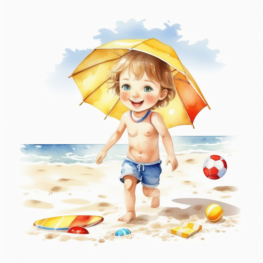 bílé pozadí_vytvoř realistickou ilustraci_která je určena pro děti _  Slunce a pláže: Slunečné dny a hry na písečných plážích_akvarelové barvy
