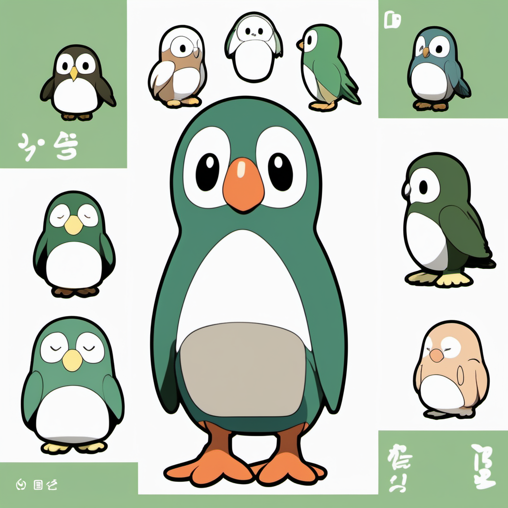 Rowlet, parrot, jingai san no yome ghibli style, character sheet, pokemon style, Japanese style, cute, penguin, simple, baby, emoticon, 
Figure, 
gacha