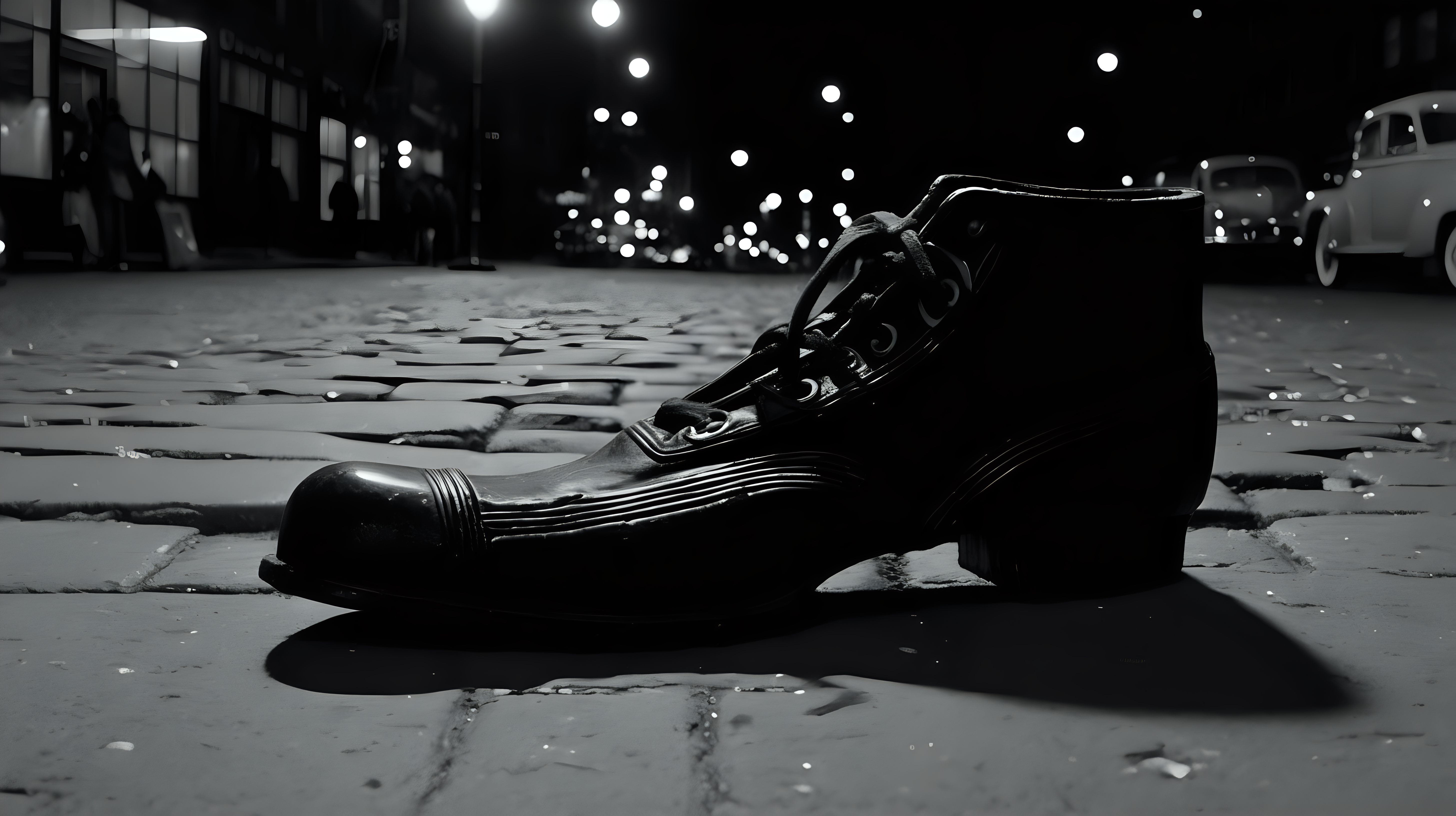 Big old black shoe, placed on the pavement in a dark 1950 New York like city. Nighttime.
Tiny people live in the shoe and it's filled with tiny little windows with light and people and curatins in them.
