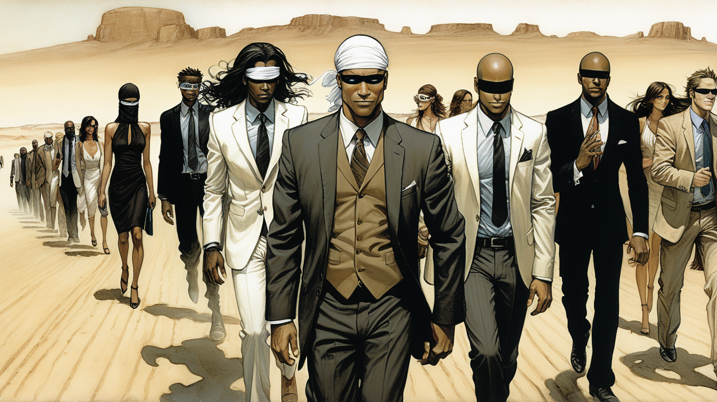 a blindfolded  man with a smile leading a group of gorgeous and ethereal white and black mixed men & women with earthy skin, walking in a desert with his colleagues, in full American suit, followed by a group of people in the art style of Alex Maleev comic book drawing, illustration, rule of thirds