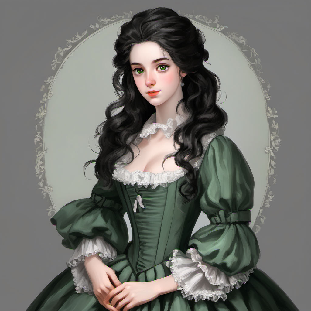18th century pretty girl black hair dark green