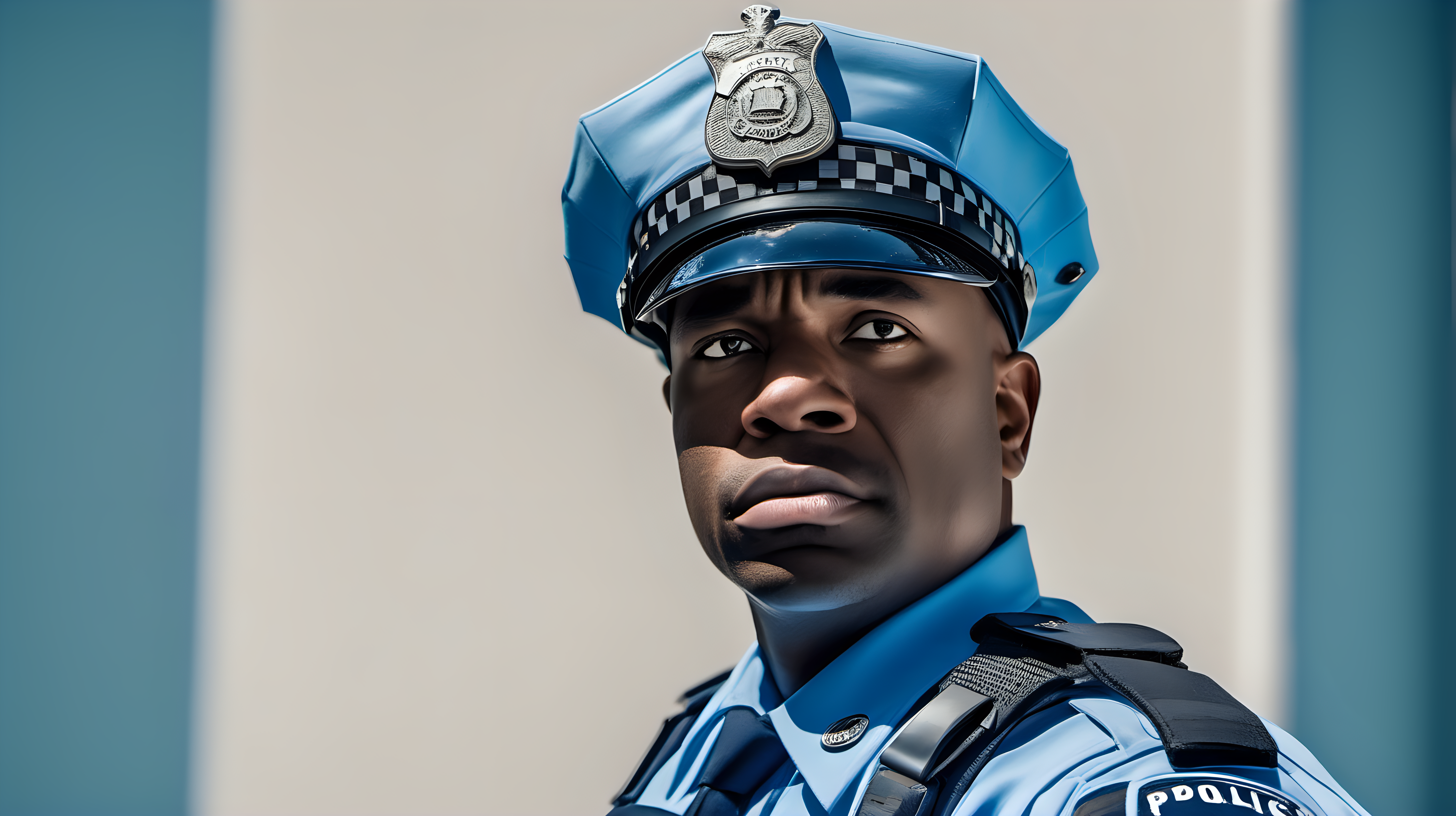 (A confused police officer in a light blue uniform, facing straight at the camera with visible anger and frustration against a solid neutral-colored background), (Canon EOS R5 with a 50mm f/1.2 lens), (Harsh, stark lighting casting sharp shadows to emphasize the officer's intensity), (Candid-style photography capturing raw emotion and tension)."