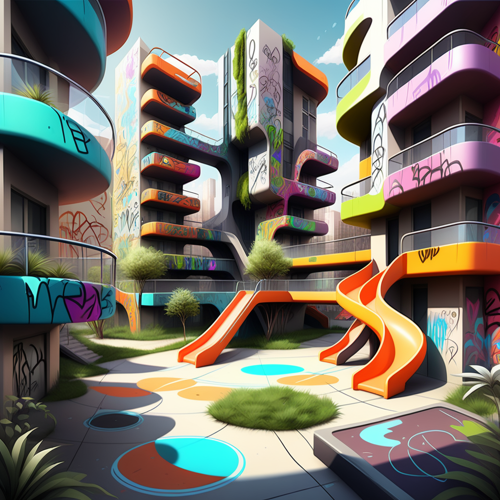 Colorful sketch of a futuristic urban oasis with grafitti and murals and playgrounds in the middle of apartment buildings