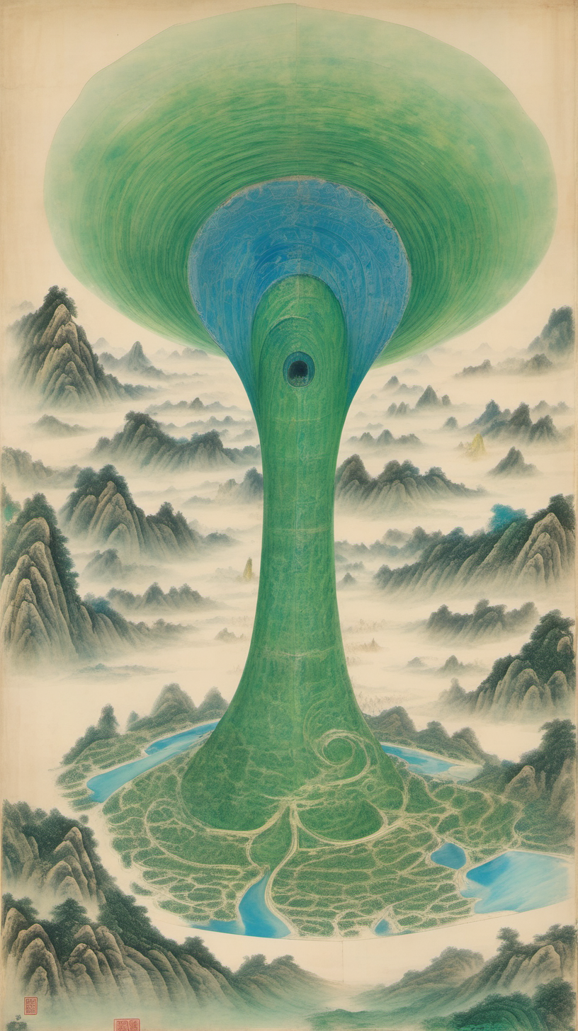 chinese gongbi drawing, with traversable wormhole, other worldly scenery, greenblue mountain, underground， calabi yau manifold
