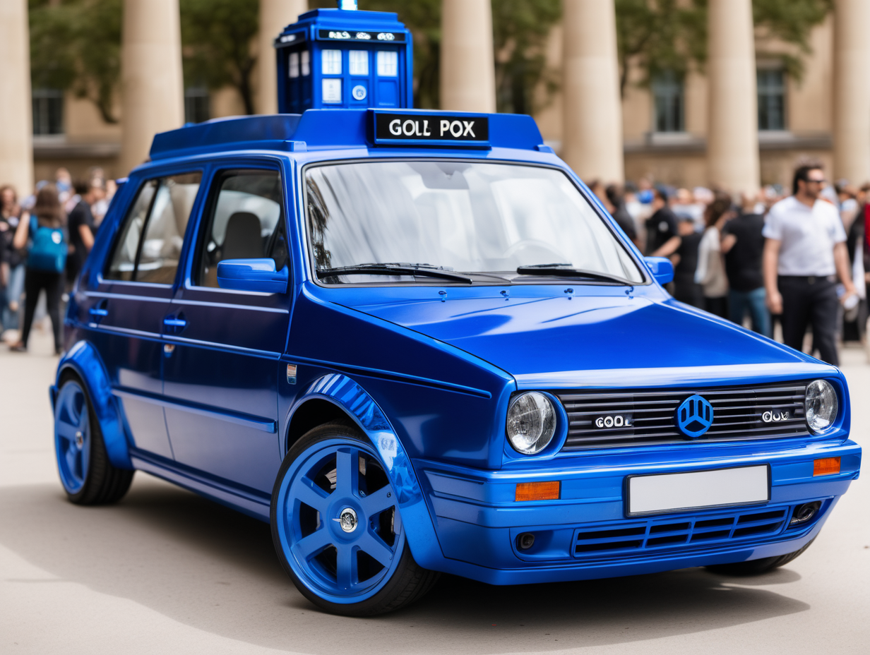 Um carro gol azul customizado com detalhes da tardis