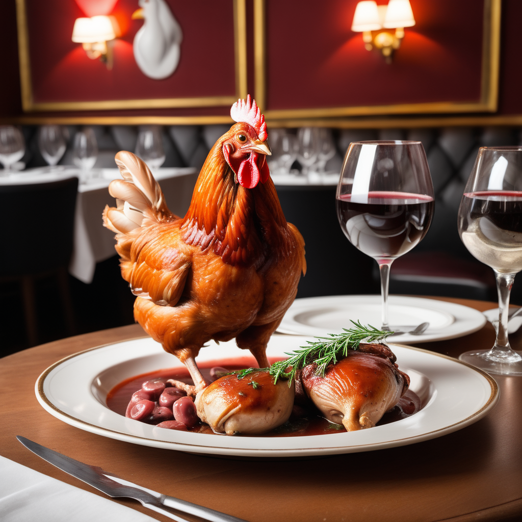 French restaurant with a red chicken standing next to a plate of coq au vin.



