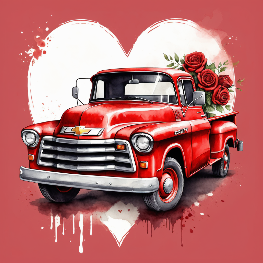 A red vintage chevy pickup truck done in a watercolor style with a valentines theme.