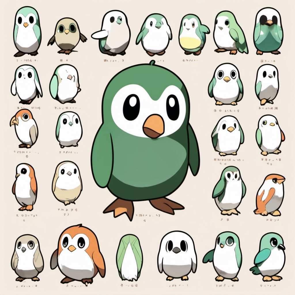 Rowlet, parrot, jingai san no yome ghibli style, character sheet, pokemon style, Japanese style, cute, penguin, simple, baby