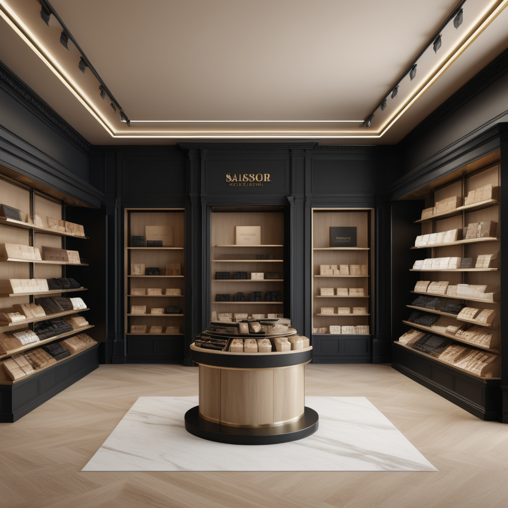 hyperrealistic image of an elegant store interior in a beige, oak, brass and black colour palette