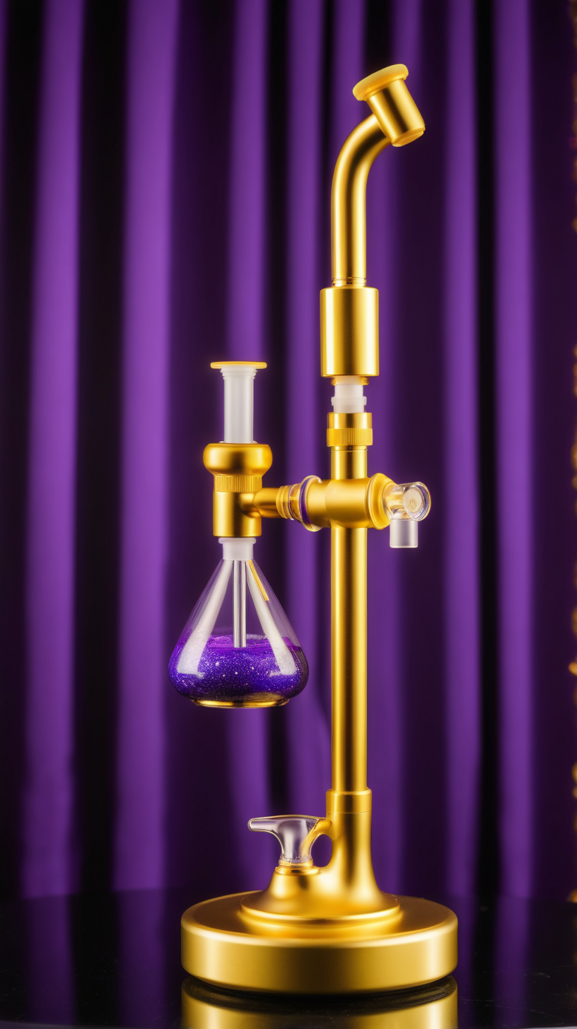 Golden dab rig, on pedestal, in front of purple curtains