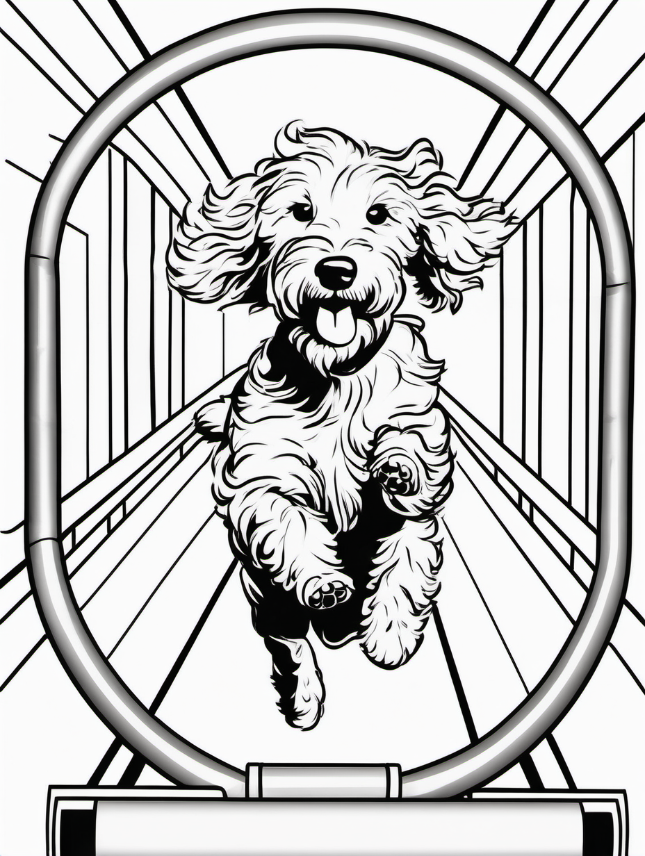 A cute goldendoodle  running through a tube at a whimsical agility competition for coloring book with black lines and white background