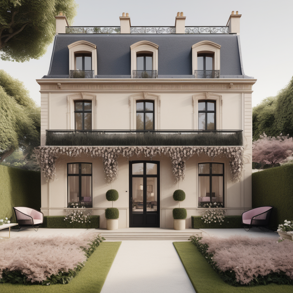 A hyperrealistic image of a modern Parisian  guest house viewed from the outside in a beige oak brass colour palette with accents of black and dusty rose, with an adjoined veranda covered in star jasmine, and beautiful garden beds and sprawling lawns around it

