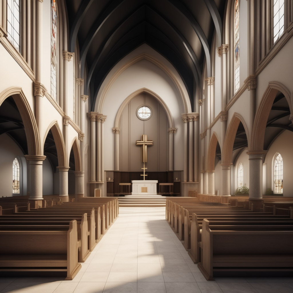 hyperrealistic image of an elegant church interior in a beige, oak, brass and black colour palette