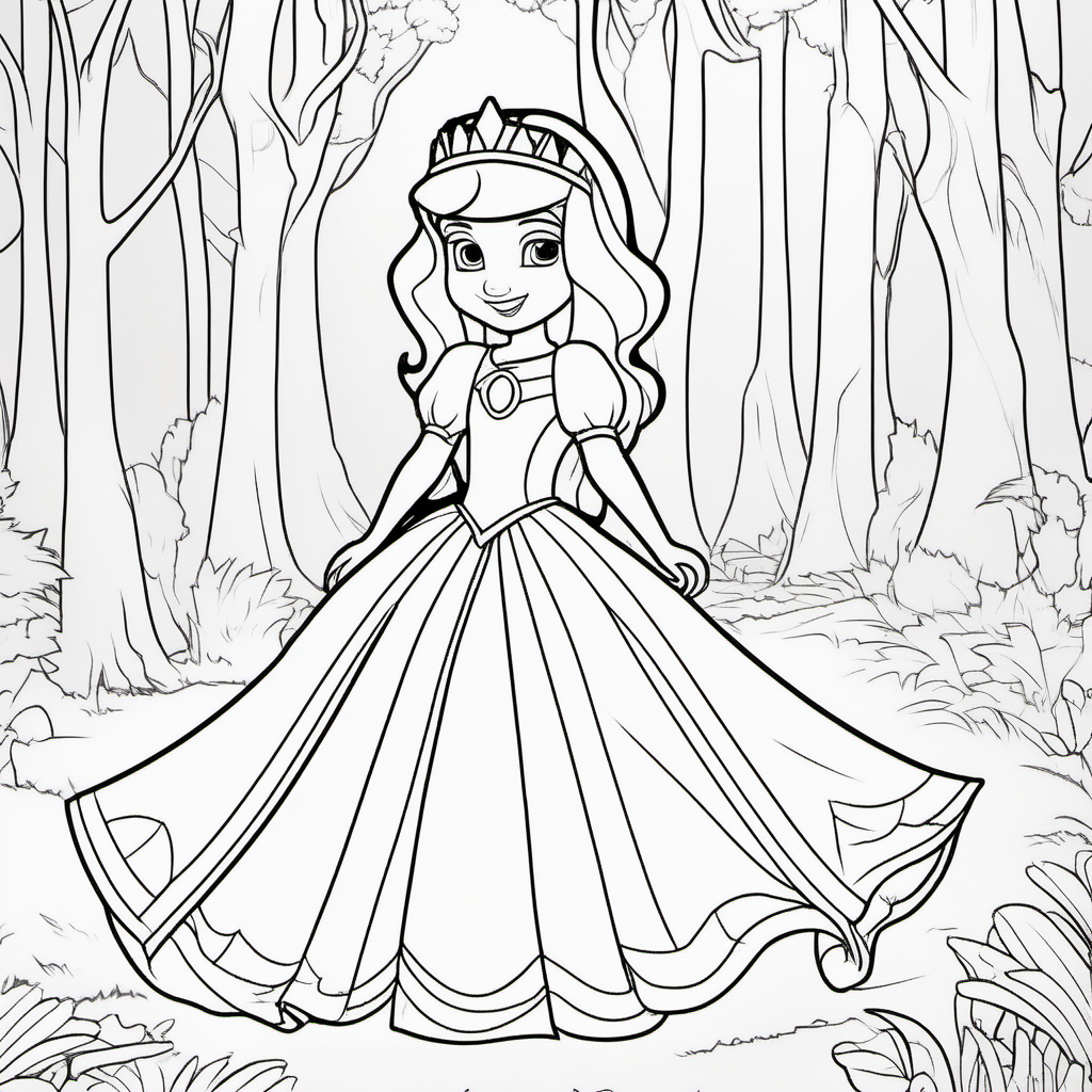 coloring pages for kids, princess in front of a forest, cartoon style, thick lines, low detail, no shading--ar 9:11