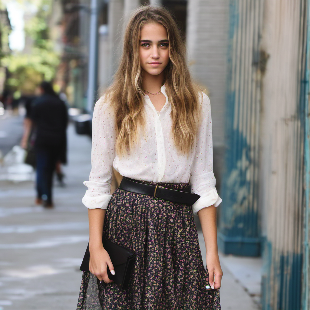 Emily Feld dressed in a skirt and blouse