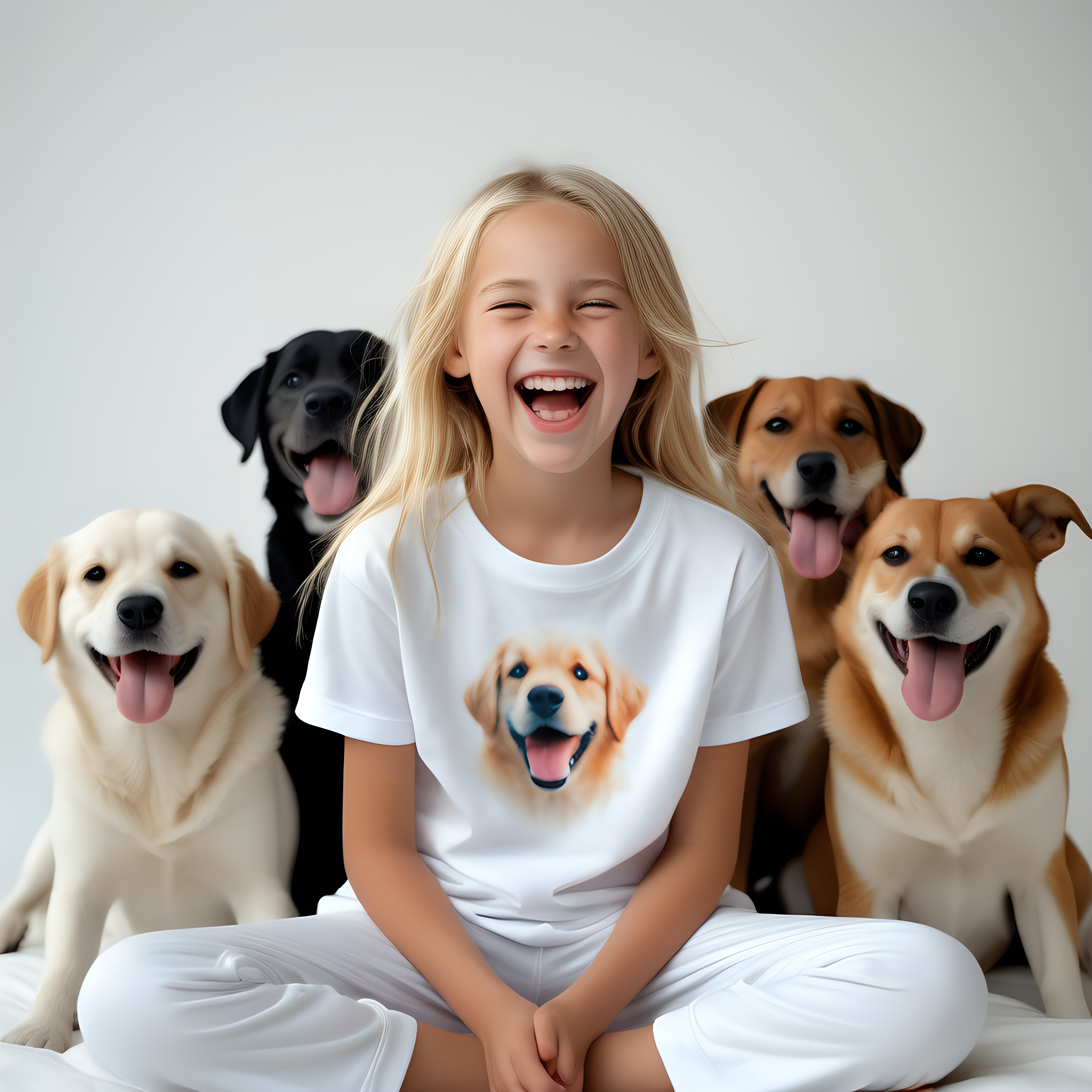 “Perfect Facial Features photo of a blonde lauging 10 year old girl sitting surrounded by dogs, in  white cotton tshirt pyjama (no print, long  tight cuff sleeves, loose long pants) , no background, hyper realistic, ideal face template, HD, happy, Fujifilm X-T3, 1/1250sec at f/2.8, ISO 160, 84mm”