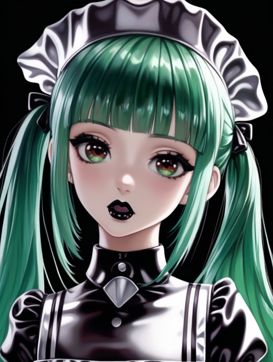 Anime Woman with green hair and brown eyes with large lips wearing dark lipstick and heavy makeup wearing a shiny black and silver latex maid uniform, vacant expression