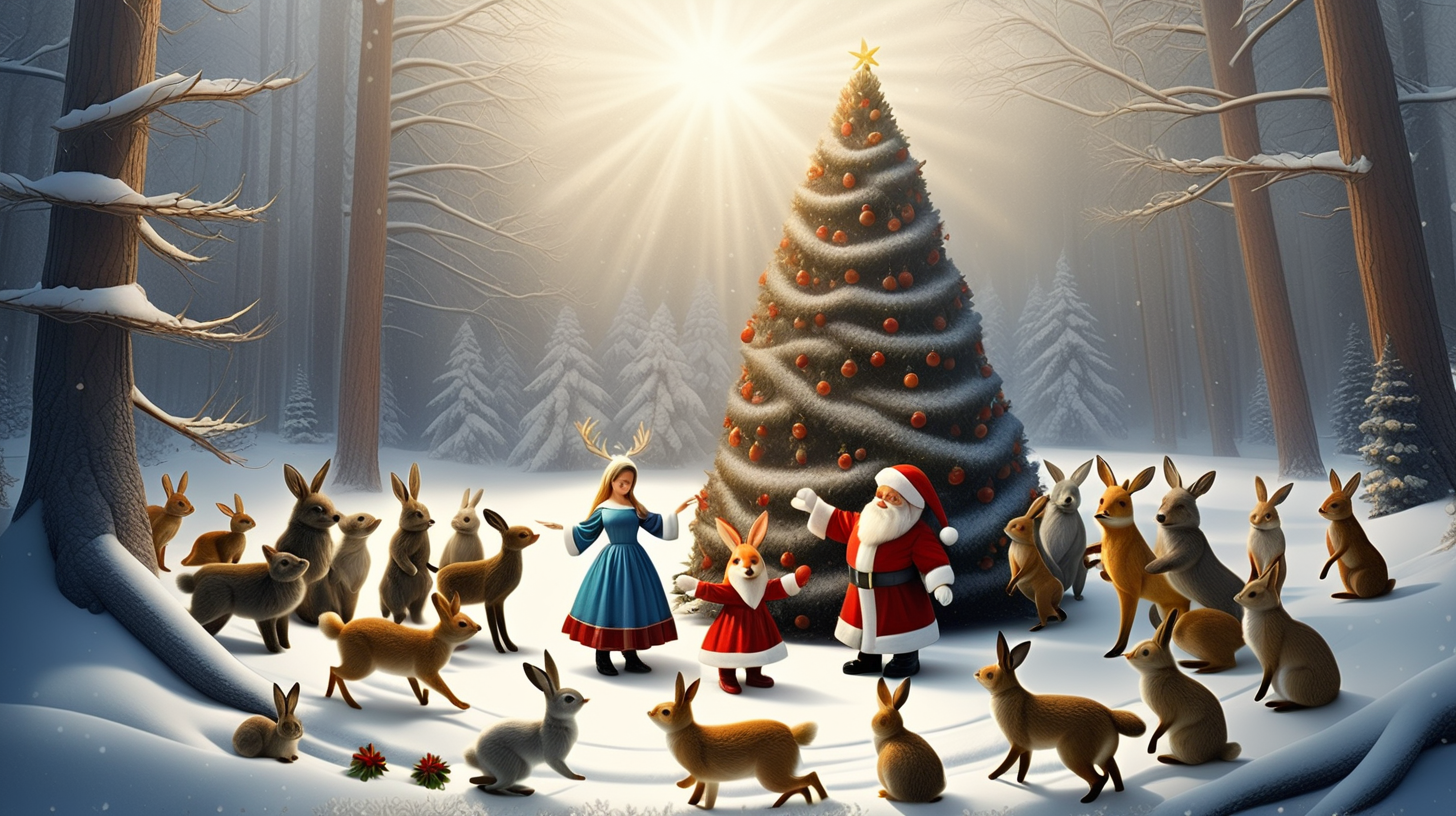 З има, лес, падает снег. солнце ярко светит, стоит в цетре  высокая нарядная новогодняя елка , санта клаус держит за руку снегурку, все  зайцы, олени, лисы, волки, медведи встали в круг, взялись за руки, вокруг елки водят веселый хоровод. Санта клаус со снегуркой и все звери весело танцуют вокруг елки