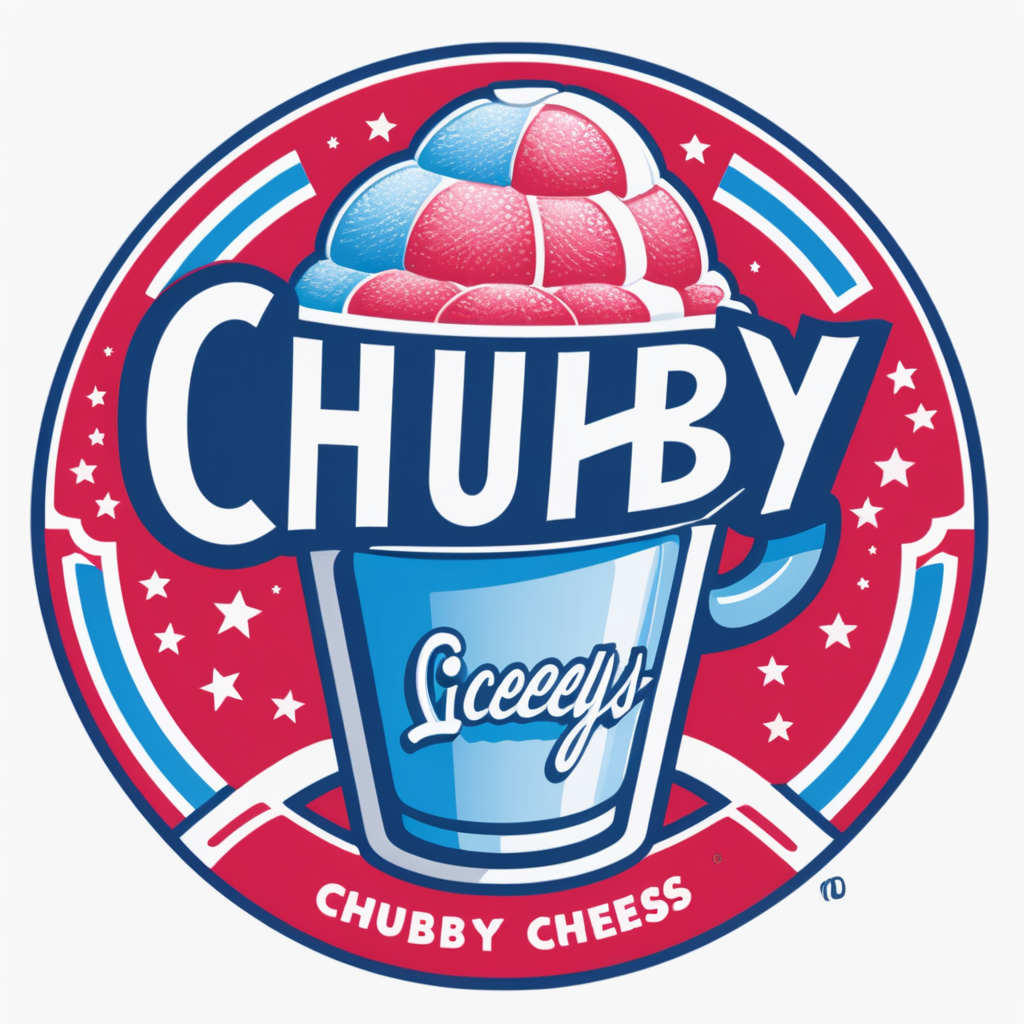 Creat an image of a stylized 3 dimensional emblem with resemblance to a badge or seal. The emblem features the company name “Chubby Cheeks Iceys” in bold raised lettering. The central image is an image of s red and blue italian ice in a clear cup and one lemonade 