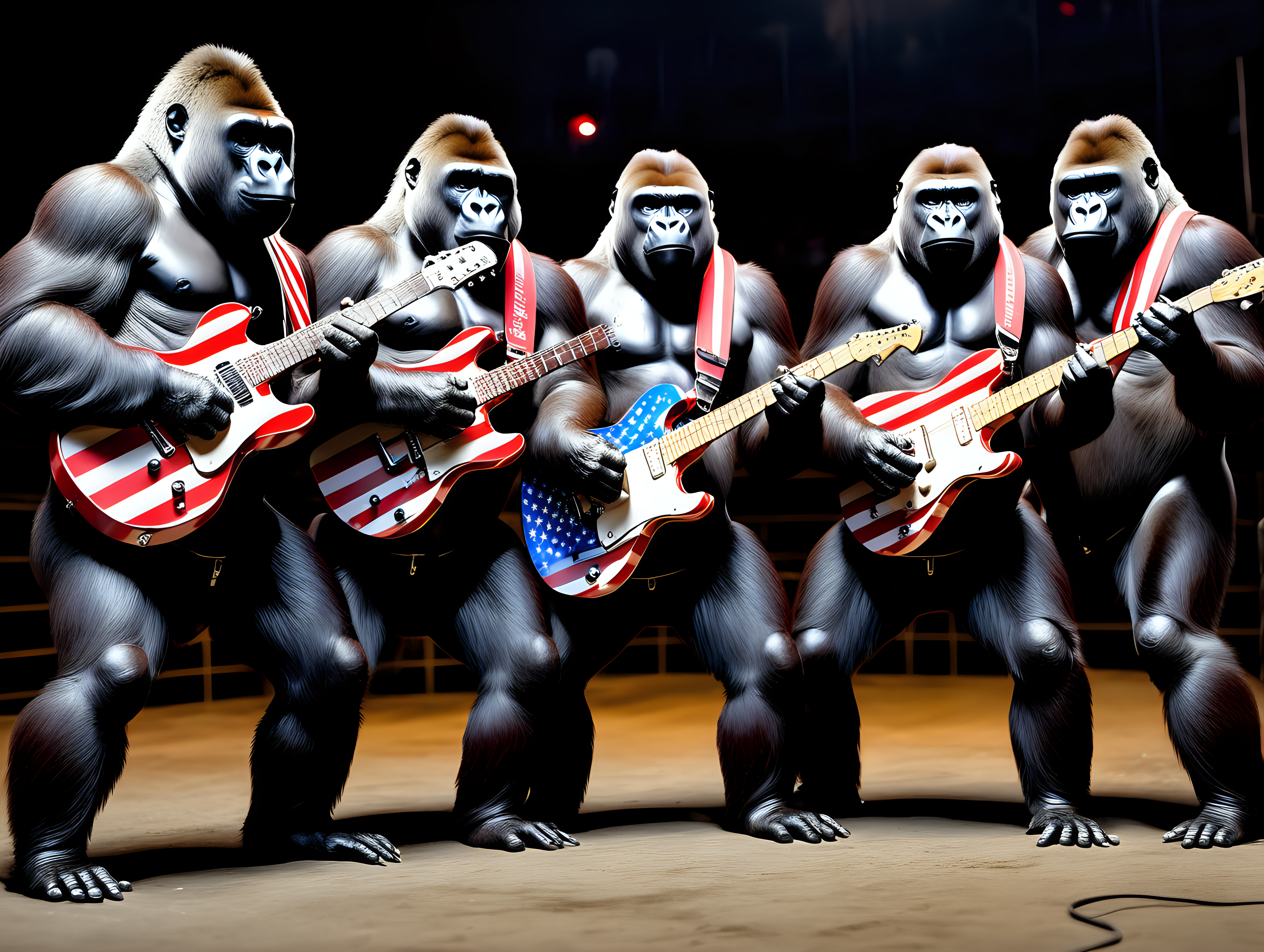 5 gorillas in trench coats playing stars and stripes guitars in an arena at night
