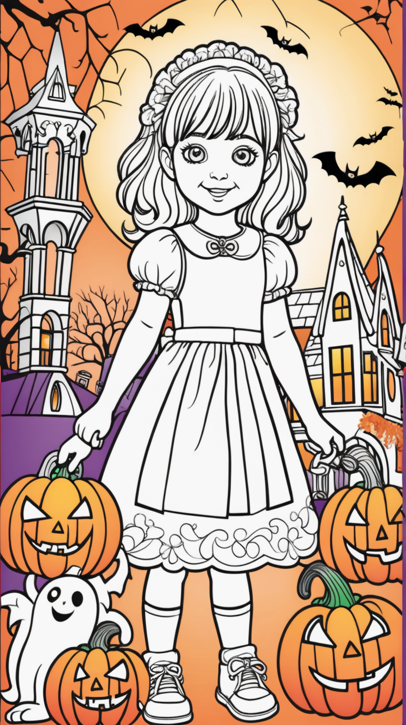 Cover of a children's coloring book: girl at a Halloween party, full color  and write title cut girl in Halloween party  cloloring book  children's between 4 years to 14 years 