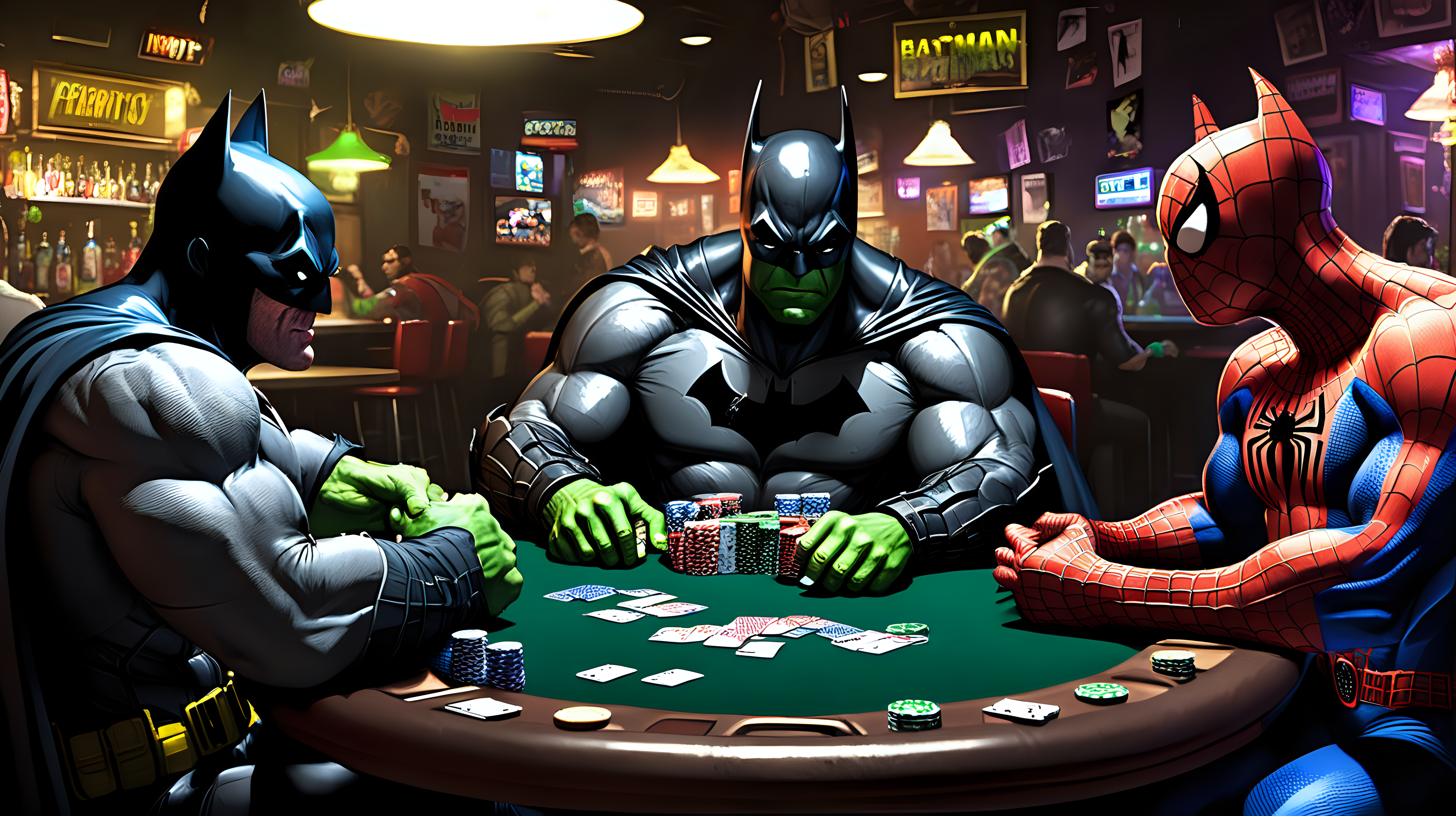 The Batman and Spiderman and Hulk playing poker and having drinks in a dive bar