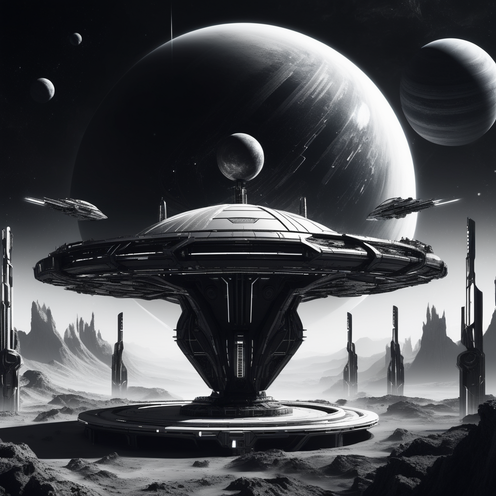 black and white futuristic space weapons platform with