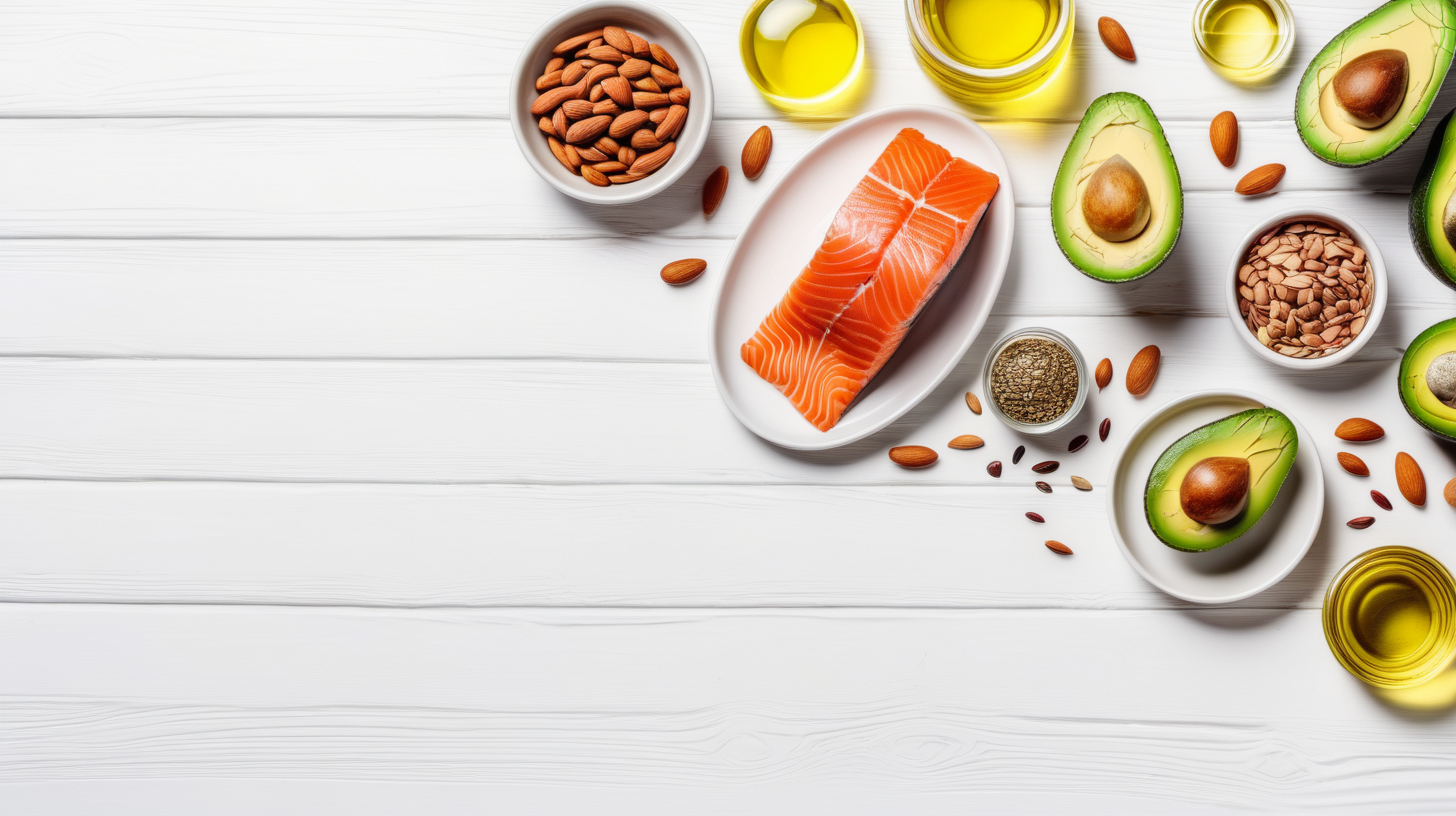 Food high in omega-3 fatty acids on a white wooden background. Healthy eating concept. Salmon, avocado, flax seeds, fish fat capsules, oil, almonds. Top view, copy space