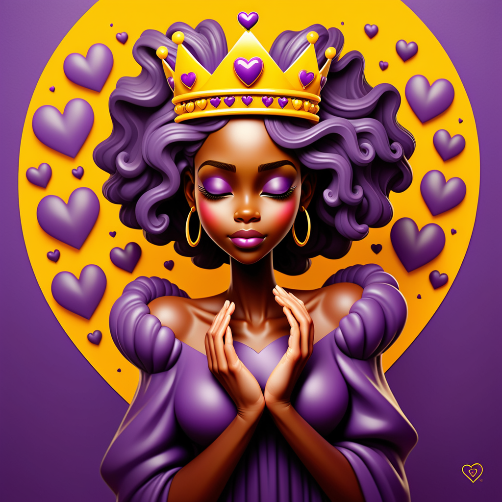 An African American stunning tall Delicate illustration of hands cradling a heart-shaped crown, tagline: Bold yellow purple Letters vibrant colors 
 
Queens' Inner Journey."