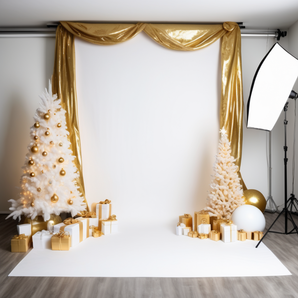 gold and white Christmas photo studio set up
