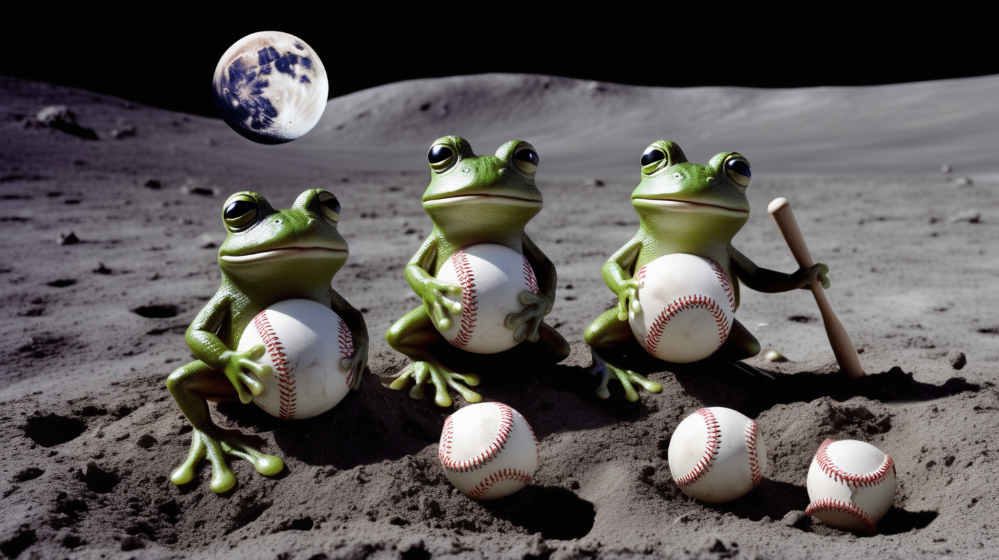 frogs playing baseball on the moon