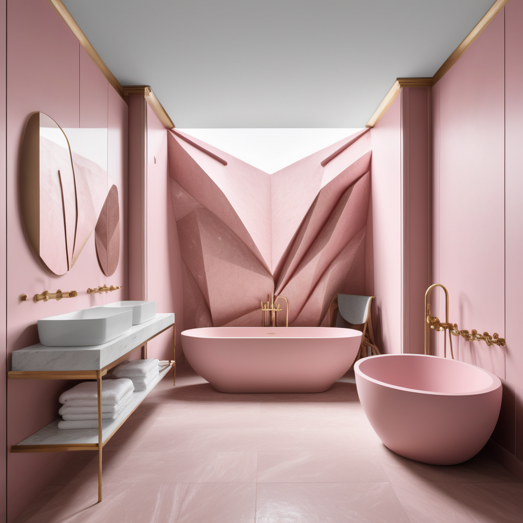 a hyperrealistic image of a bathtub carved from a solid piece of rose quartz in grand modern Parisian bathroom in a beige oak brass colour palette 