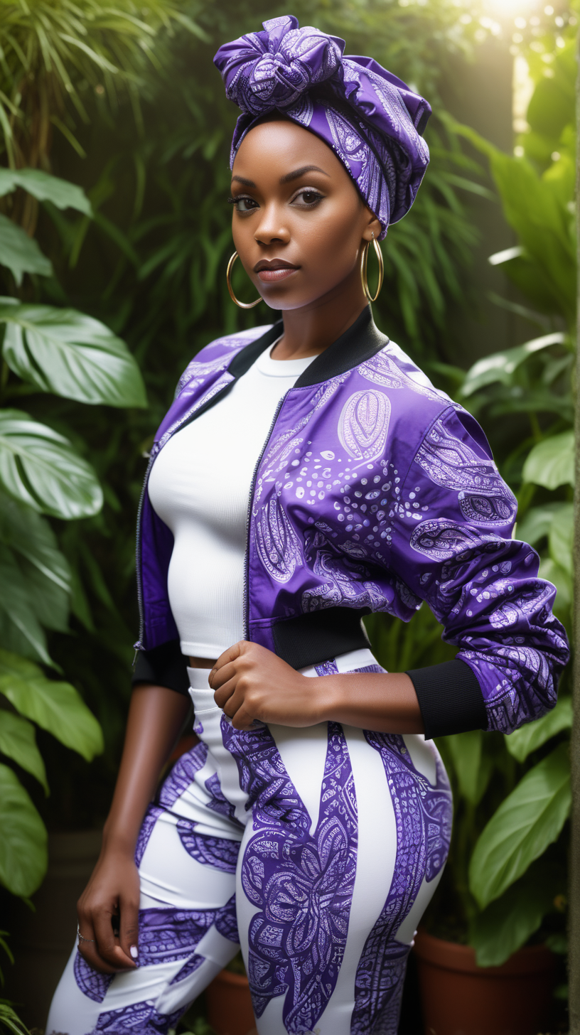 A beautiful, young Black woman, wearing short, black hair, wearing a Purple, African print head wrap, standing against a lush garden background, Facing  the camera, wearing a white, ultra modern, nylon bomber, wearing a blue dress shirt, white tee-shirt, wearing heather gray, loose fitting, sweatpants, lighting is over the left shoulder, from behind, pointing down, ultra 4k, render, high definition, light shadowing