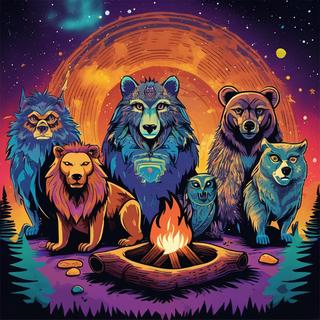 high vibe music campfire cosmic  4 animals owl bear wolf lion