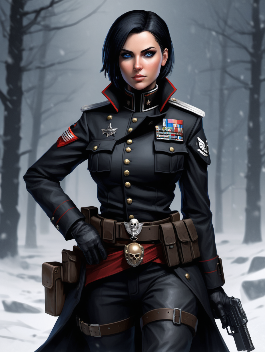 Warhammer 40K young Commissar woman. She has an hourglass shape. Her face looks like female Commander Shepard from Mass Effect. She has raven black hair. She has a very short hair style similar to what Zofia, from Rainbow Six Siege, has. Dark black uniform styled like the United States Marine Corp dress uniform. She has icy blue eyes. Dark brown belt has a lot of dark brown pouches, grenades, black pistol magazines, and a black holster attached. Bandolier around waist. Her dark black uniform jacket fits perfectly, fully closed and a single line of buttons. She has a lot of eye shadow. Background scene is snowy trench line. She is slightly busty.