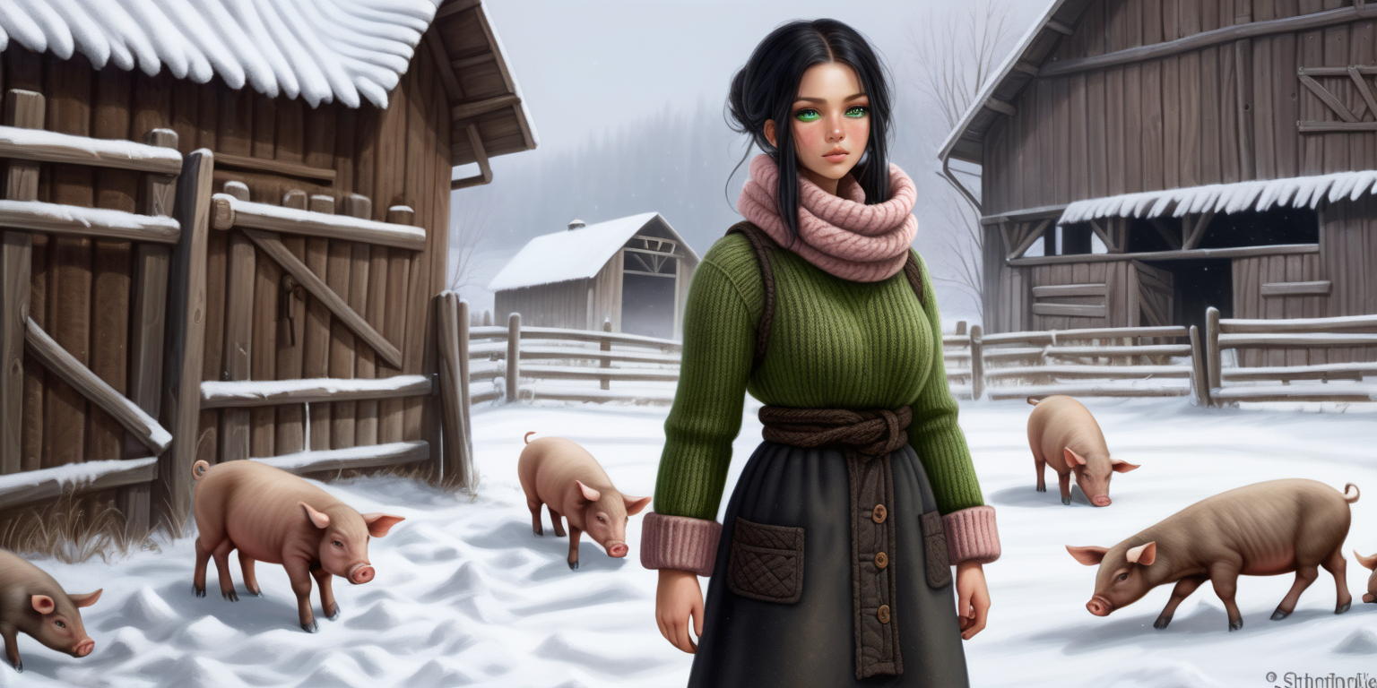A beautiful peasant woman with long black hair and green eyes works in the pen in front of the barn. Around her are piglets - small and pink. Everything is in mud. The barn is surrounded by a fence of old wooden posts and wire mesh. It's winter, everything is covered with a thick layer of snow. Mud and snow mix. The peasant woman has put on low to the ankle black rubber shoe on her feet. Brown coarsely knitted woolen socks stick out from them - up to the middle of the leg and. On top of them, to keep her warm, she has put on green - brown, very wrinkled and crumpled woolen knitted gaiters. It is worn with thick elastic leggings, over it there is a shotr knitted skirt in black and brown. A chunky brown-gray wool sweater with a chin-high collar is snug around her. over it she wore an off-white furry sleeveless sweater with a triangle neckline. Above all this is a short  quilted waistcoat in green which is unbuttoned. On his head he wears a thick knitted woolen gray hat - an ushanka. He also has a thick scarf sloppily draped around his neck. He also wears gray knitted woolen fingerless gloves. across the waist, a thin hemp rope is wrapped 2-3 times. Tied on back hands. Shibari style.