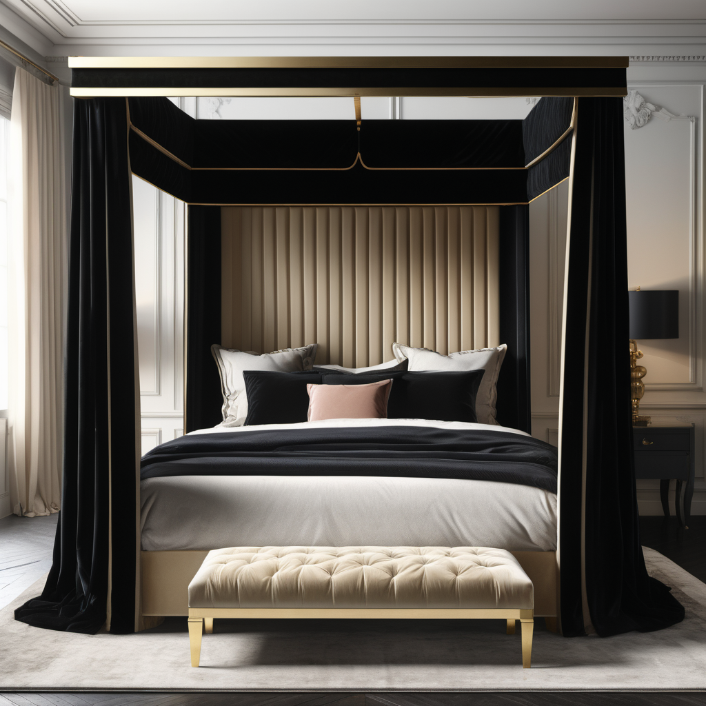 a hyperrealistic image of a velvet modern Parisian  king bed with canopy in black, beige and brass 
