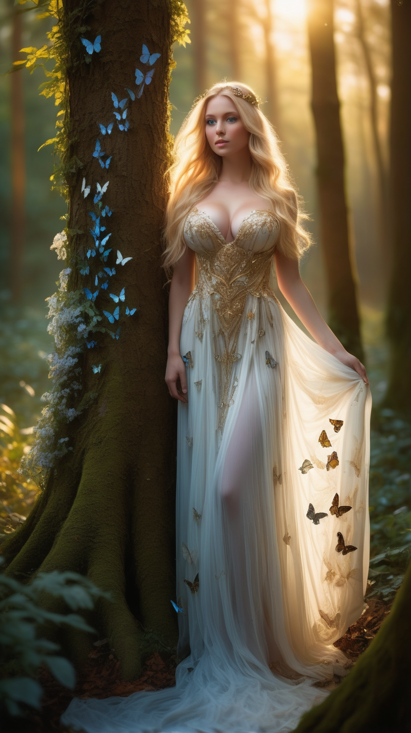 An image of the world's most beautiful woman standing in the middle of a fairy-tale forest at sunset. The woman has golden hair flowing over her shoulders, piercing blue eyes and is dressed in an elegant, ethereal white gown, adorned with crystals. She's standing under an ancient, towering tree entwined in vibrant, blooming flowers. Her exquisite jewelry sparkles in the warm light of the setting sun. The background is dreamy, with the soft glow of the light diffusing through a gentle mist and casting long shadows across the verdant foliage of the forest, among which whimsical butterflies flutter gently. Use a Canon EOS 5D Mark IV, with a wide-angle lens to capture the stunning scenery. Dial the aperture down to f/2. 8 for a soft, dreamy effect. , ((large natural breasts)), long blonde hair, high detail, film, professional, highly detailed, realistic, photorealistic, RAW photo, canon 5d, perfect shadows, natural color, realistic, photorealistic, relaxed, detailed skin, textured skin, intricate details, natural pose, natural eyes, natural pose, perfect fingernails