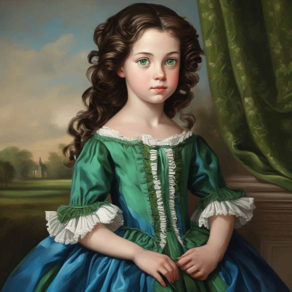 18th century girl dark brown hair green eyes  blue dress