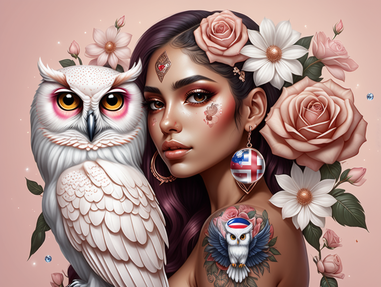 exotic Hispanic skin with floating crystal balls in rose gold wearing a Dominican Republic flag
 looking at a white owl with love she has tattoos and soft color flowers in there hair