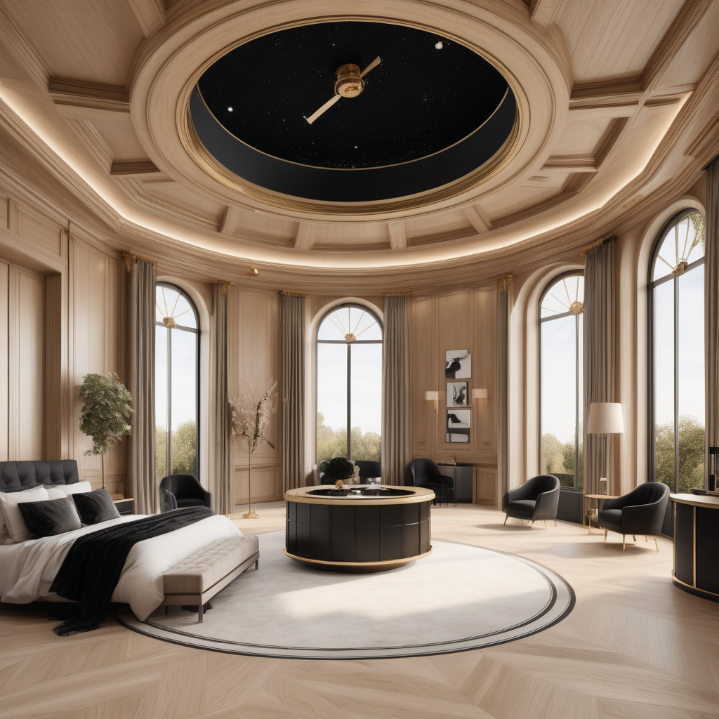 A hyperrealistic image of a luxurious, grand  modern Parisian observatory in a beige oak brass colour palette with accents of black , with coffered ceiling, floor to ceiling windows