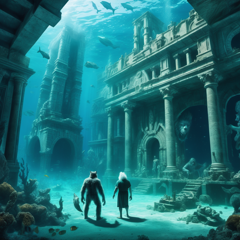 Deep Underwater City's  ruins of Atlantis. with in foreground a Wolfman  helping a sick old man looking lost