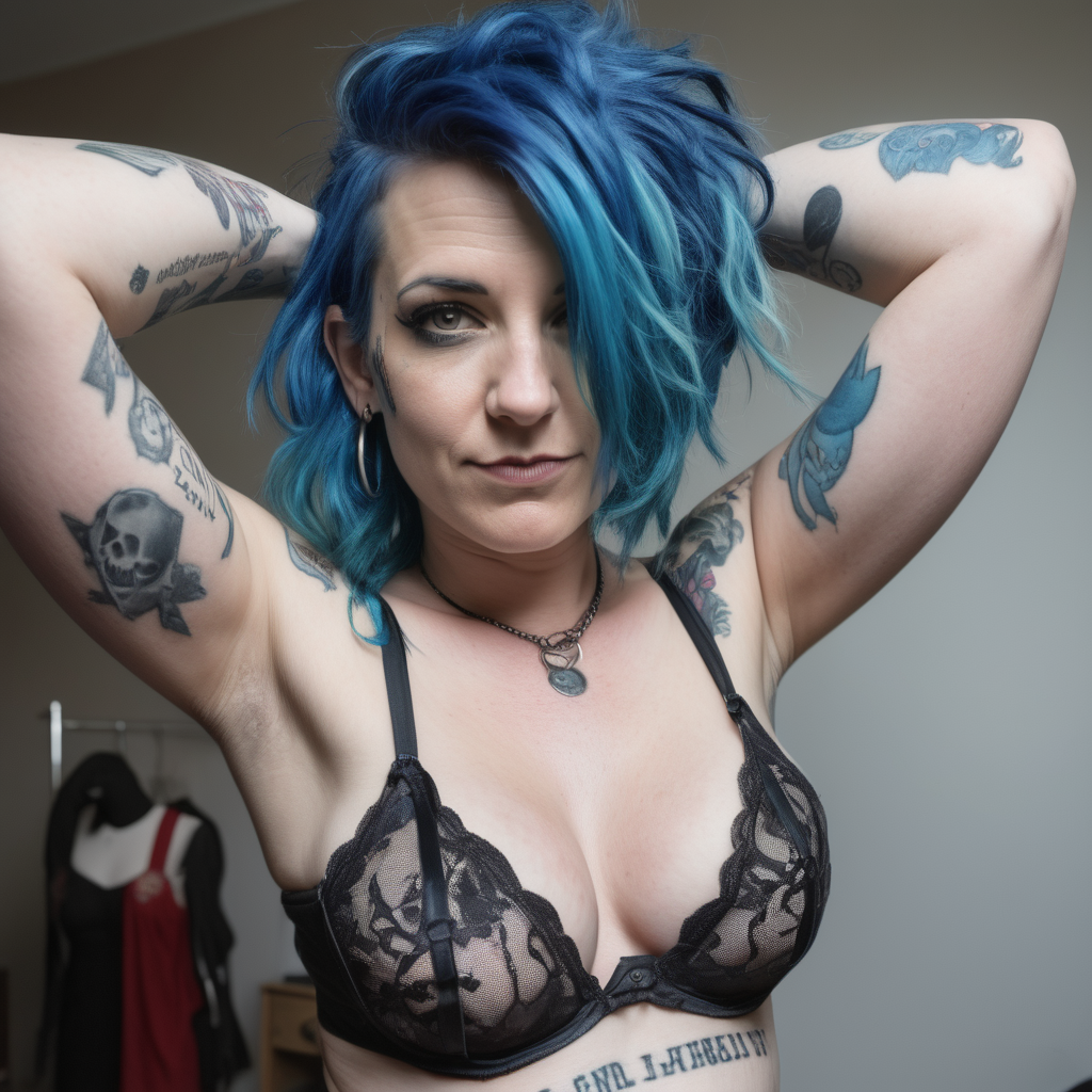 A beautiful 35 year old punk woman with blue hair in lingerie 
